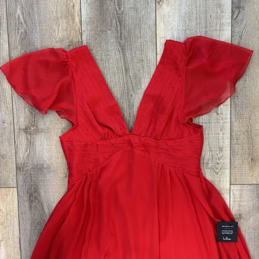 Lulus Women Dress XL Ideal Perception Midi Red Flutter Sleeve V Neck Wedding NWT - Picture 9 of 16